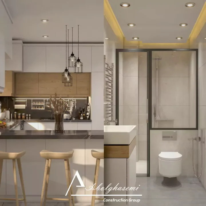 طراحی داخلی آشپزخانه و سرویس بهداشتی پروژه 13