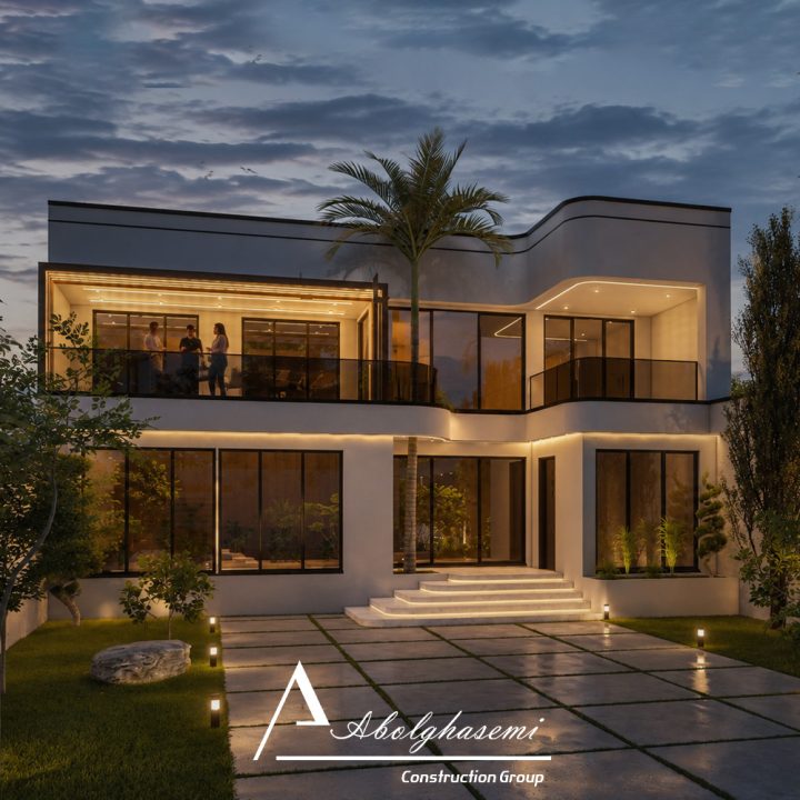 ویلا مدرن با نورپردازی نمای شب آبسرد
